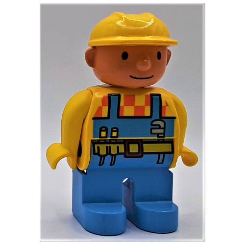 Lego Duplo Figure, Early, Hard Hat Yellow, Medium Blue Legs, Yellow Top, Light Blue Overalls and Toolbelt Print (Bob The Builder) / Yellow