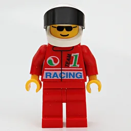 Racer, Red Jacket with Octan Logo and 'RACING', Red Legs, White Helmet with Black Visor, Sunglasses