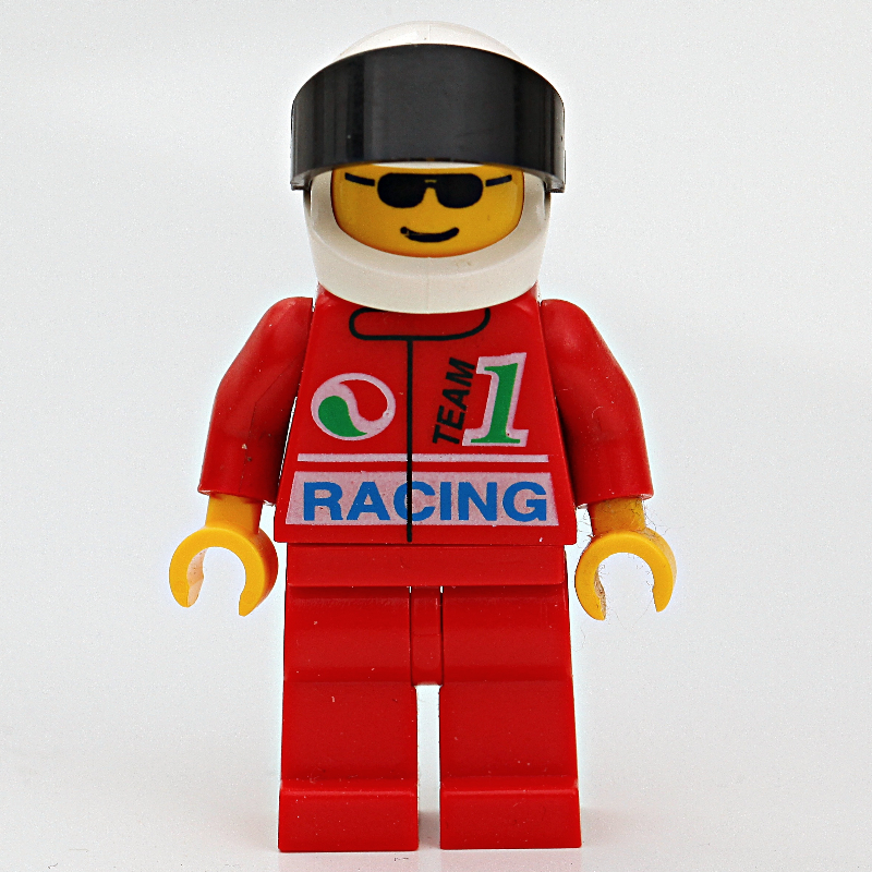 Lego Racer, Red Jacket with Octan Logo and 'RACING', Red Legs, White Helmet with Black Visor, Sunglasses