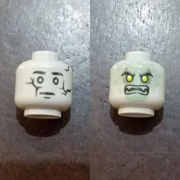 Minifig Head Stone Snake Temple Statue / Ghost Student, Dual Sided, Cracked Statue / Sand Green Ghost Face with Scowl and Fangs Print [Hollow Stud] / Light Bluish Gray