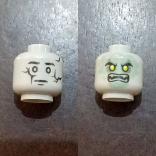 Lego Minifig Head Stone Snake Temple Statue / Ghost Student, Dual Sided, Cracked Statue / Sand Green Ghost Face with Scowl and Fangs Print [Hollow Stud] / Light Bluish Gray