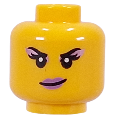 Lego Minifig Head Zoey, Big Eyelashes, Lavender Lips, Smirk / Open Mouth Smile / Yellow