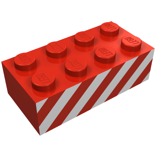 Lego Brick 2 x 4 with White Diagonal Stripes Print on Both Sides / Red