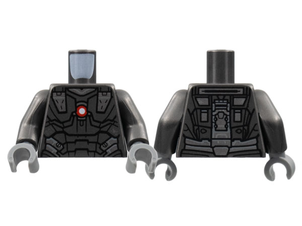 Lego Torso Armor, Silver Trim, Red and White Circle Arc Reactor Pattern / Pearl Dark Gray Arms / Dark Bluish Gray Hands