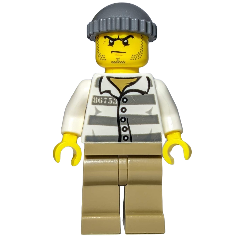 Lego Criminal, Prison Shirt '86753', Dark Tan Legs, Hat, Stubble