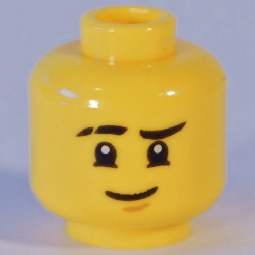 Lego Minifig Head Jay, Dual Sided, Scarred Right Eyebrow, Chin Dimple, Smile / Stern, Eyepatch Print [Hollow Stud] / Yellow