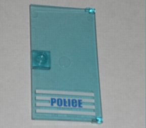 Lego Door 1 x 4 x 6 with Stud Handle with 'POLICE' Blue on White Stripes Bold Font Pattern (Sticker) - Sets 7498 / 7744