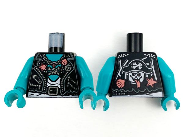 Lego Torso Biker Vest, Coral and Silver Trim with Skull and Crossbones Pendant, White Shirt and Dark Turquoise Chest, Pirate Skull on Back Pattern / Dark Turquoise Arms / Dark Turquoise Hands