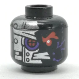 Minifig Head General Cryptor / Nindroid, Red Robot Eye with Purple Edge, Metal Plating, Rivets Print / Black