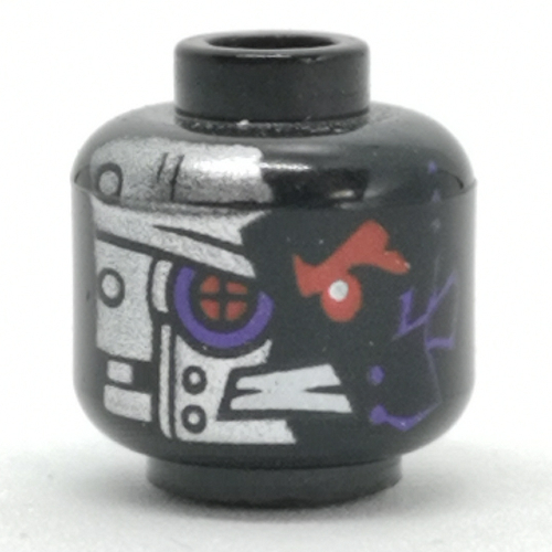 Lego Minifig Head General Cryptor / Nindroid, Red Robot Eye with Purple Edge, Metal Plating, Rivets Print / Black