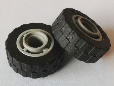Lego Wheel 11mm D. x 8mm with Center Groove, 4 Spokes with Black Tire 17.5mm D. x 6mm with Shallow Staggered Treads (42610 / 42611)
