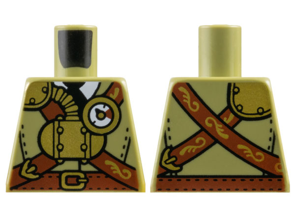 Lego Torso Suit with Reddish Brown Belt and Crossbelt, Gold Steam Tank, Gauge and Buckles over White Shirt with Black Tie Pattern