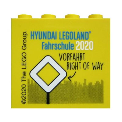 Lego Brick 2 x 4 x 3 with 'HYUNDAI LEGOLAND Fahrschule 2020 VORFAHRT RIGHT OF WAY' Print / Yellow