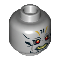 Lego Minifig Head Corvus Glaive, Dual Sided, Red Eyes, Gold and Black Tattoos, Neutral / Faint Smile Print [Hollow Stud] / Light Bluish Gray