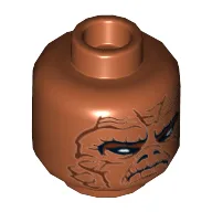 Minifig Head Skiff Guard, Dual Sided, Weequay Leathery Skin Lines, Closed Mouth, 3 Tied Tan Ponytails Print [Hollow Stud] / Dark Orange