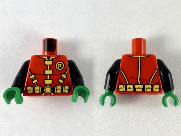 Lego Torso Armor, Bright Light Orange 'R' in Circle, Collar, Clasps and Belt Pouches Pattern / Black Arms / Green Hands