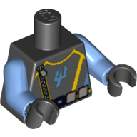 Lego Torso Aquaraiders Trident Logo, Silver Belt and Zipper Print, Medium Blue Arms, Black Hands / Black