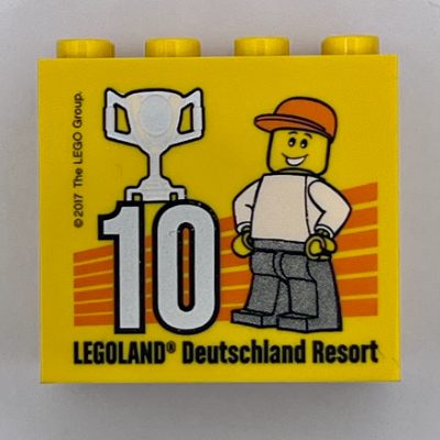 Lego Brick 2 x 4 x 3 with 'LEGOLAND Deutschland Resort 10 2017' (Besuchsmeister Silver) Print / Yellow