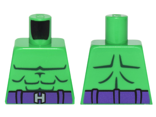 Lego Torso Bare Chest with Dark Green Muscles Outline, Dark Purple Belt with Silver Capital Letter H Buckle Pattern