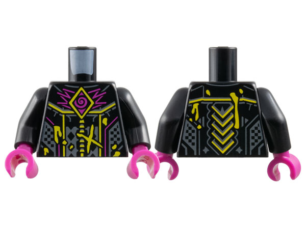 Lego Torso Armor, Magenta Spiral and Zigzags, Yellow Lines, Splotches and Chevrons, Dark Bluish Gray Trim Pattern / Black Arms / Magenta Hands