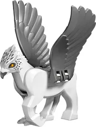 Hippogriff with Flat Silver Wings with Dark Bluish Gray Beak and Eye Patches, Silver Feathers and Bright Light Orange Eyes Pattern (HP Buckbeak) - White Plate 2 x 2