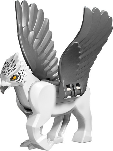 Lego Hippogriff with Flat Silver Wings with Dark Bluish Gray Beak and Eye Patches, Silver Feathers and Bright Light Orange Eyes Pattern (HP Buckbeak) - White Plate 2 x 2