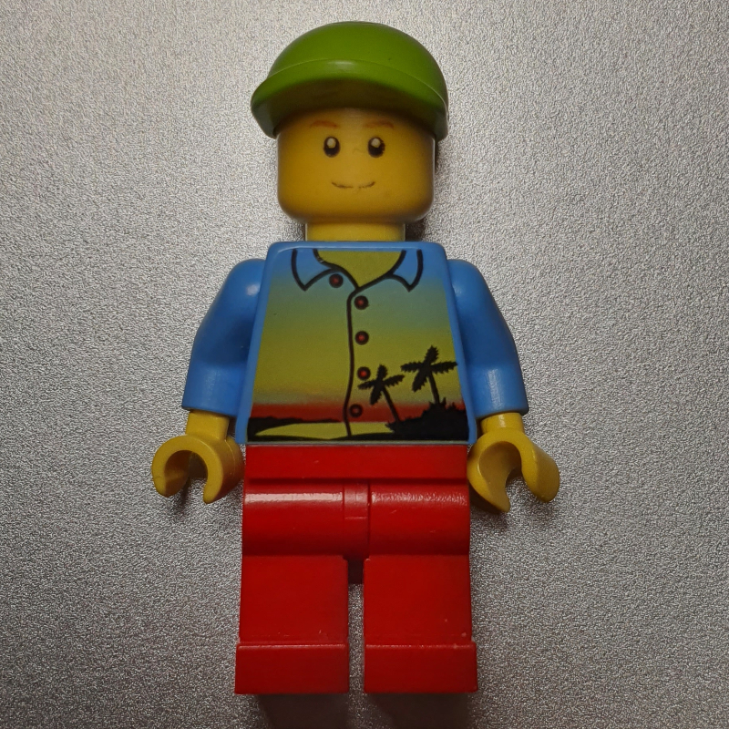 Lego Man, Medium Blue Shirt with Palm Trees and Sunset, Red Legs, Lime Cap