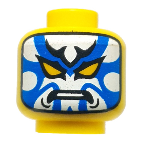 Lego Minifig Head Kabuki Harumi, White/Blue Face, Angry / Reed Face, Crooked Smile / Yellow