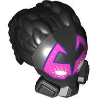 Lego Hair and Mask, Two Thick Braids, Dark Pink Visor, White Eyes, Dark Purple Trim Print / Black