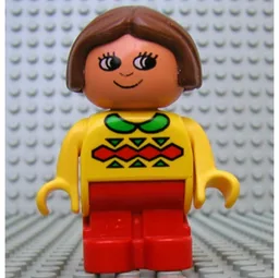 Duplo Figure, Early with Joined Legs Red, with Red and Green Geometric Print, Green Collar, and Brown Hair / Yellow
