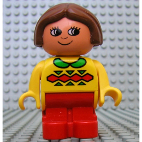 Lego Duplo Figure, Early with Joined Legs Red, with Red and Green Geometric Print, Green Collar, and Brown Hair / Yellow