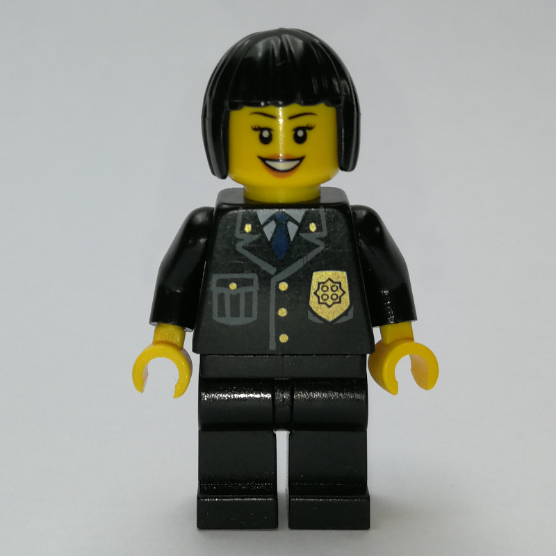 Lego Policewoman, Black Suit with Badge, Black Hair