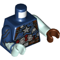 Lego Torso, Odd Arms and Hands, Armor, Tattered, Red and White Stripes, Silver Star, Dark Bluish Gray Mud print (Captain America), Left Light Aqua Arm and Reddish Brown Hand, Right Dark Blue Arm and Light Aqua Hand / Dark Blue