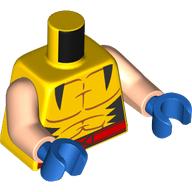 Lego Torso Muscle Outline, Black Triangles, Red Belt with X Print, Light Nougat Arms, Blue Hands / Yellow