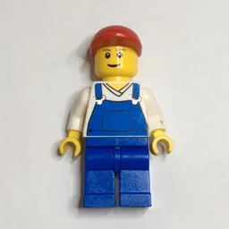 Man, Blue Overalls over White V-Neck Shirt, Red Cap, Brown Eyebrows