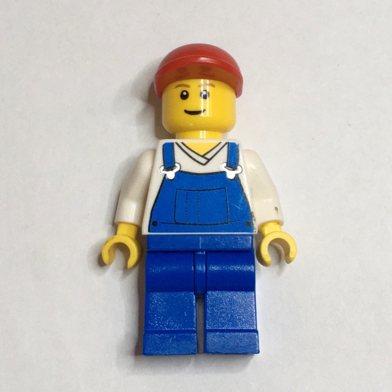 Lego Man, Blue Overalls over White V-Neck Shirt, Red Cap, Brown Eyebrows