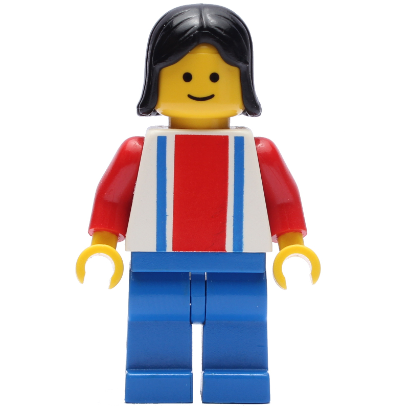 Lego Woman, White Top with Large Red Stripe and 2 Blue Stripes, Blue Legs, Black Hair