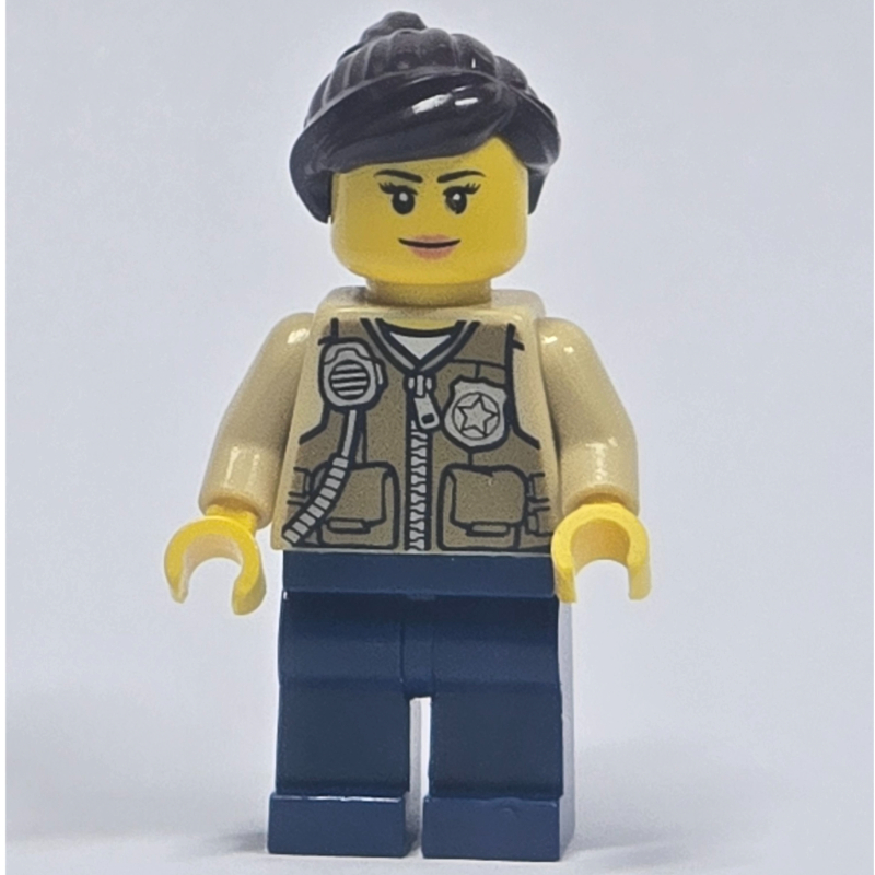 Lego Swamp Police / Ranger, Woman, Dark Tan Vest with Zipper, Radio, and Badge, Dark Blue Legs, Dark Brown Hair
