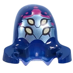 Minifig Head Alien with Stretched Head, with Dark Blue Claws Pattern, Metal Sand Green Face, 4 Bright Light Yellow Eyes, Magenta Hexagons Print / Trans-Purple