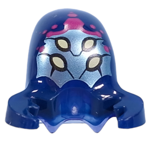 Lego Minifig Head Alien with Stretched Head, with Dark Blue Claws Pattern, Metal Sand Green Face, 4 Bright Light Yellow Eyes, Magenta Hexagons print / Trans-Purple