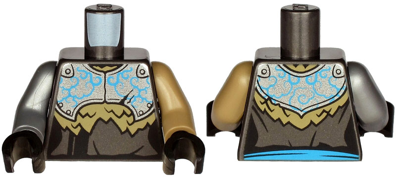 Lego Torso Armor, Silver Plate with Dark Azure Curly Lines over Robe and Dark Tan Fur Pattern / Dark Tan Arm Left / Flat Silver Arm Right / Black Hands
