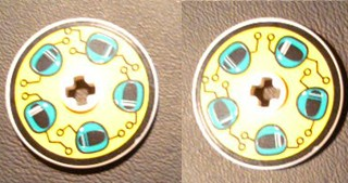 Lego Technic, Disk 3 x 3 with Dark Turquoise Helmets on Yellow Pattern on Both Sides (Stickers) - Set 8257