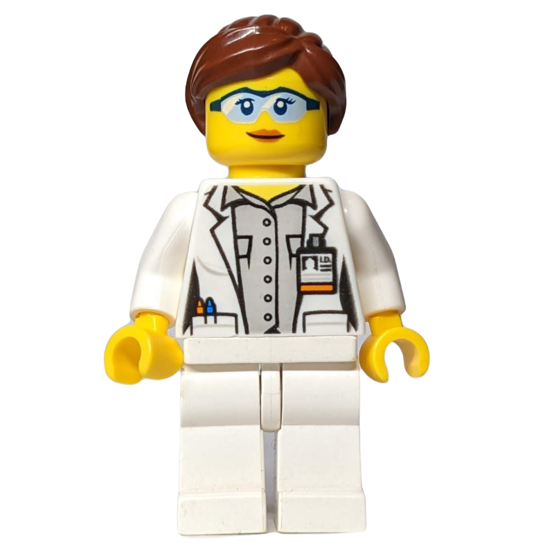 Lego Scientist - White Torso, Lab Coat, Light Bluish Grey Legs, Reddish Brown Hair