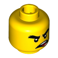Lego Minifig Head Cole, Bushy Scowling Eyebrows, Crooked Open Mouth with Teeth and Red Tongue Print [Hollow Stud] / Yellow