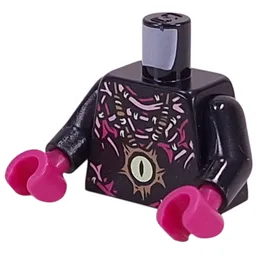 Torso, Yellowish Green Eye Pendant on Nougat Necklace, Magenta and Pink Tentacles Print, Black Arms, Magenta Hands / Black