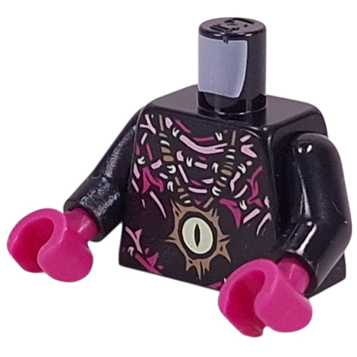Lego Torso, Yellowish Green Eye Pendant on Nougat Necklace, Magenta and Pink Tentacles print, Black Arms, Magenta Hands / Black