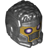 Lego Hair and Helmet Space Wraparound, Curly Black, Gold Face, Dark Purple and Bright Pink Eyes, Grill print / Pearl Titanium