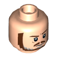 Lego Minifig Head Qui-Gon Jinn, Dual Sided, Brown and Gray Beard, Brown Eyebrows, Moustache, White Pupils, Frown / Scared Print [Hollow Stud] / Light Nougat