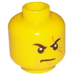 Minifig Head Kai, Stern Eyebrows, White Pupils, Frown, Scar Across Left Eye Print [Hollow Stud] / Yellow