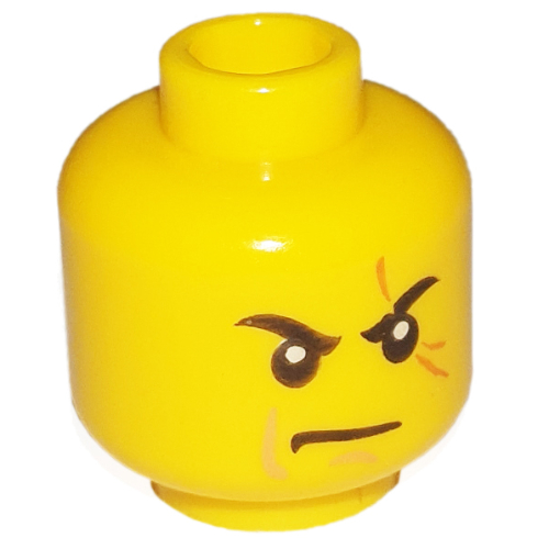 Lego Minifig Head Kai, Stern Eyebrows, White Pupils, Frown, Scar Across Left Eye Print [Hollow Stud] / Yellow